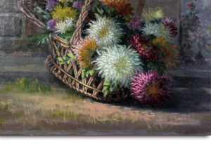 Antique French Painting by Émile Boulard - Vibrant Basket of Flowers in a Rustic Countryside Setting - Image 2