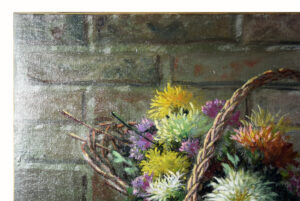 Antique French Painting by Émile Boulard - Vibrant Basket of Flowers in a Rustic Countryside Setting - Image 5