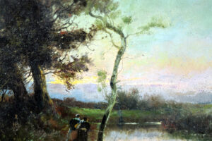 Close-up of the vibrant sunset sky in Francisco Blasco's landscape painting.