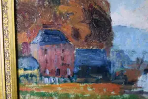 Close-up of the houses along the quay in Narcisse Guilbert's painting, showing architectural details.