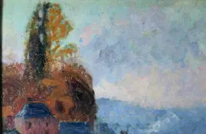 Close-up of the clouds in Narcisse Guilbert's painting, showing their texture and contribution to the atmospheric mood.