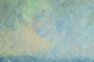 Close-up of the colorful sky in Narcisse Guilbert's painting, showcasing vibrant tones of green, blue, violet, and pink.