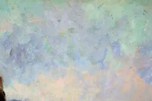 Close-up of the vibrant sky in Narcisse Guilbert's painting, showcasing bold colors and atmospheric detail.
