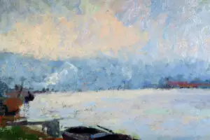 Close-up of boats navigating the Seine in the background of Narcisse Guilbert's painting.