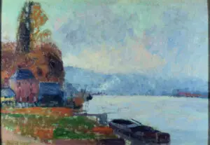 Close-up of the moored boat in Narcisse Guilbert's painting, adding to the tranquil river scene.