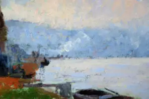 Detail of the reflection of the colorful sky on the Seine in Narcisse Guilbert's painting.