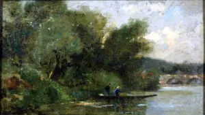 Full view of Paul Désiré Trouillebert's 19th-century oil painting showing a river scene with fishermen, a bridge, and rural houses.