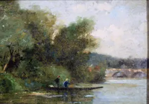 Close-up of fishermen in Paul Désiré Trouillebert's 19th-century painting, showing their activity on the river.