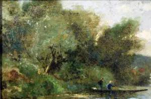 Detail of the boat and fishermen in Paul Désiré Trouillebert's 19th-century oil painting, highlighting their peaceful river scene.