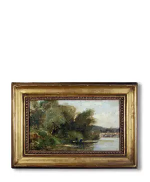 Detail of Paul Désiré Trouillebert's 19th-century oil painting showing a serene river with fishermen in a boat, a bridge, and rural houses.