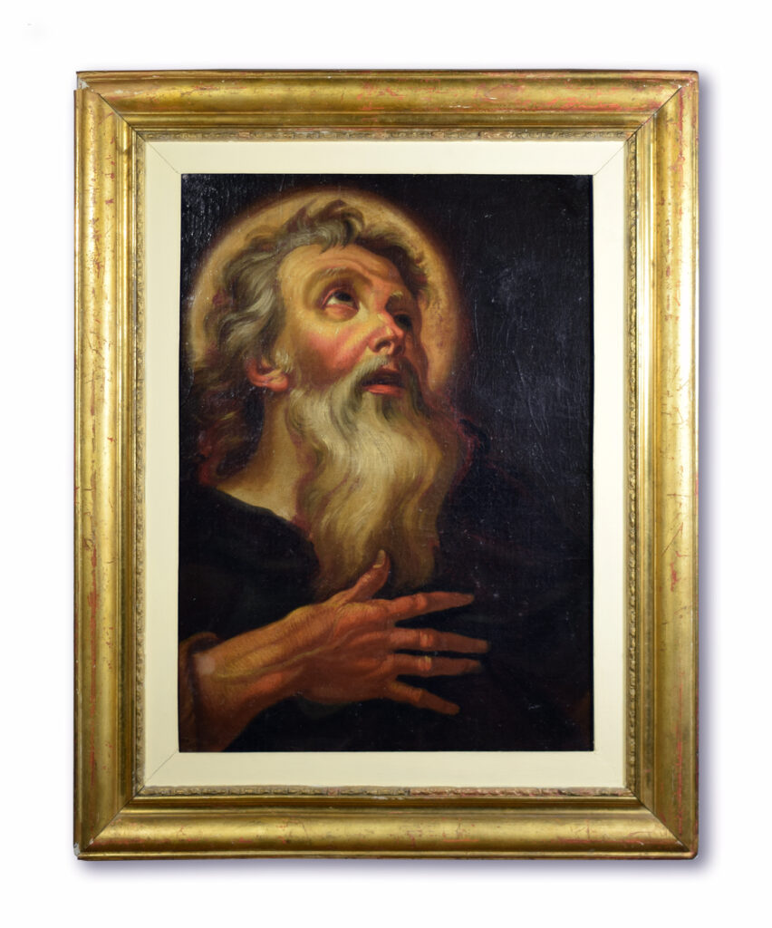 18th century French or Italian school oil painting depicting a mystical scene with a saint and a golden halo in chiaroscuro.